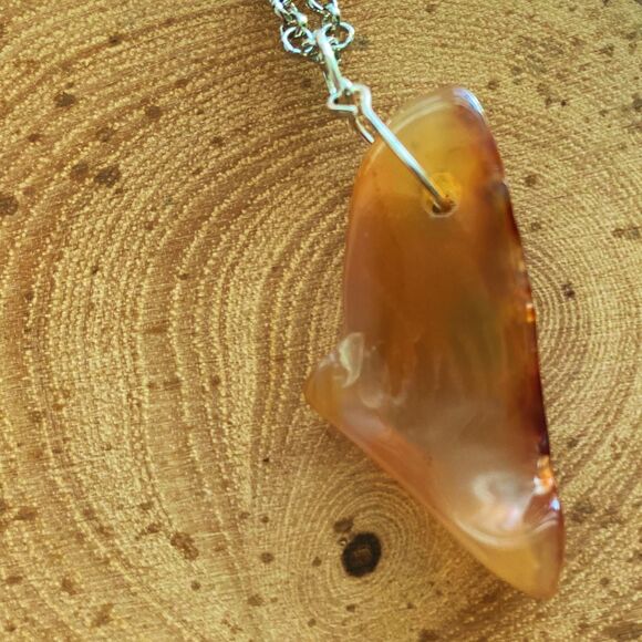 Unique Tan Rust Semi-Polished Glass Amber Pendant 24 in Stainless Steel Chain - Picture 4 of 6